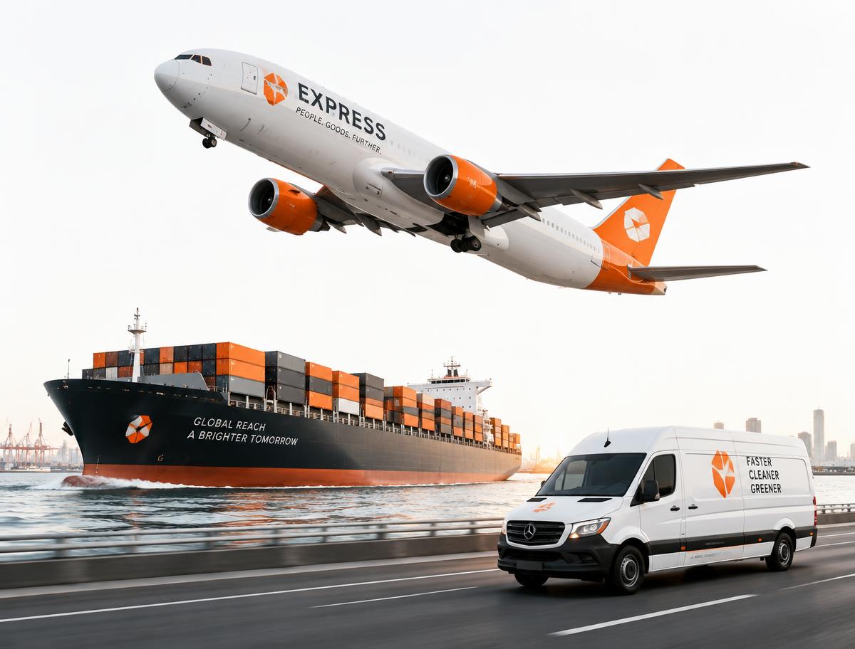 Delyne Couriers cargo plane, container ship and delivery van
